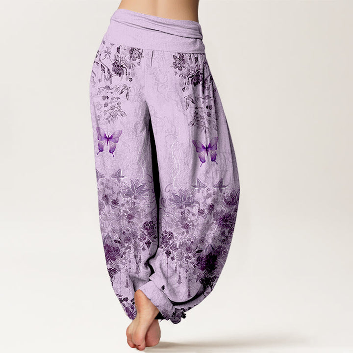 Buddha Stones Pantalones harem de algodón con estampado floral de mariposas para mujer con cintura elástica. - image 9