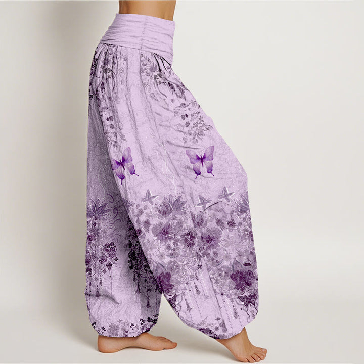 Buddha Stones Pantalones harem de algodón con estampado floral de mariposas para mujer con cintura elástica. - image 10