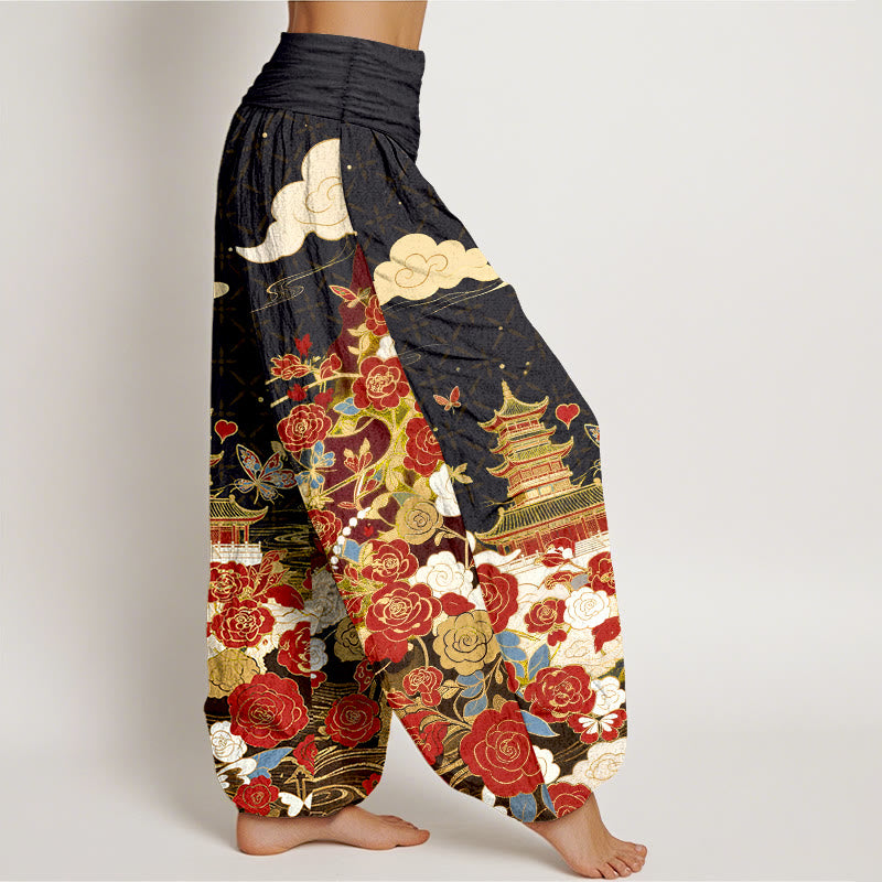 Buddha Stones Pantalones harem de mujer con cintura elástica y estampado de mariposas, rosas y pagodas de algodón. - image 2