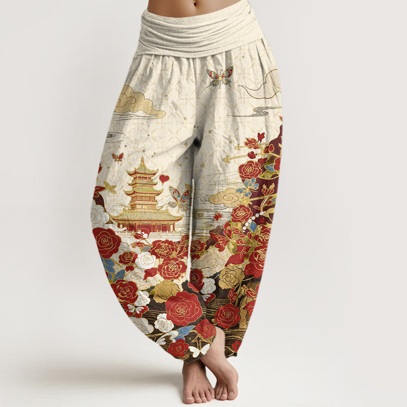 Buddha Stones Pantalones harem de mujer con cintura elástica y estampado de mariposas, rosas y pagodas de algodón. - Beige - US16，UK/AU20，EU48 (3XL) - image 5