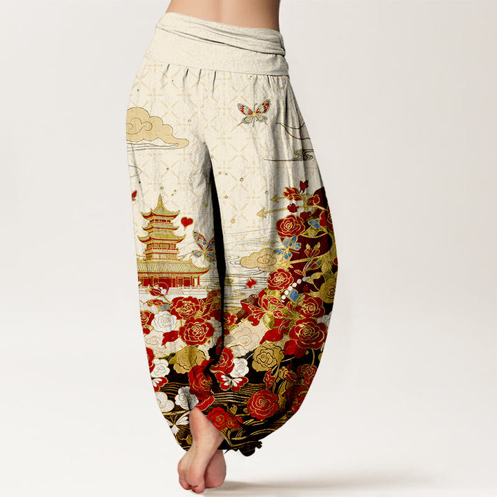 Buddha Stones Pantalones harem de mujer con cintura elástica y estampado de mariposas, rosas y pagodas de algodón. - image 6