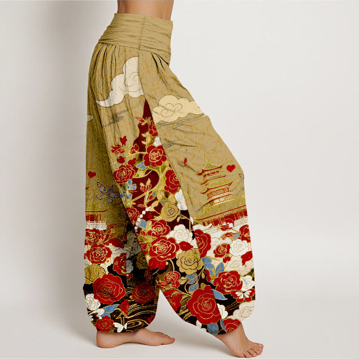 Buddha Stones Pantalones harem de mujer con cintura elástica y estampado de mariposas, rosas y pagodas de algodón. - image 10