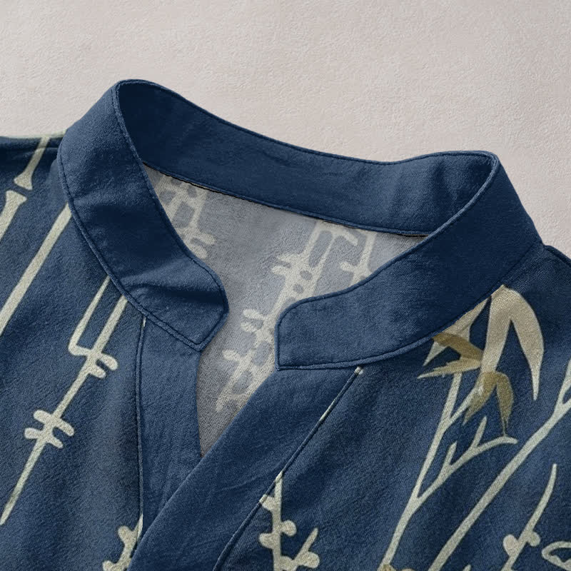 Buddha Stones Camisa de manga corta con medio botón para hombre, con estampado floral de bambú y grullas de algodón. - image 2