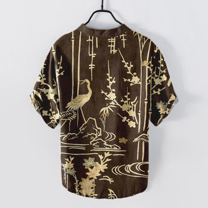 Buddha Stones Camisa de manga corta con medio botón para hombre, con estampado floral de bambú y grullas de algodón. - image 6