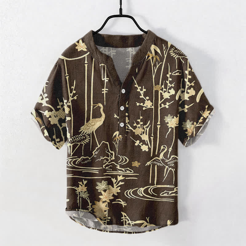 Buddha Stones Camisa de manga corta con medio botón para hombre, con estampado floral de bambú y grullas de algodón. - Marrón silla de montar - US/UK/AU50, EU60 (5XL) - image 5