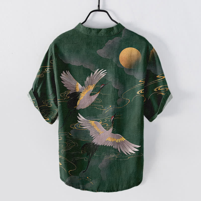 Buddha Stones Camisa de manga corta con medio botón para hombre, de algodón, con estampado de grullas y luna llena. - image 6