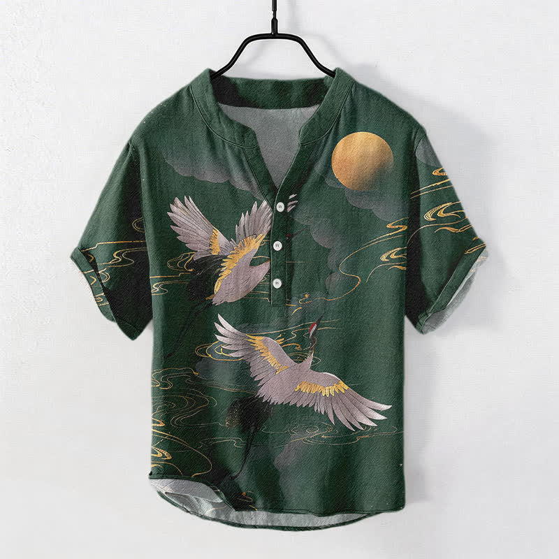 Buddha Stones Camisa de manga corta con medio botón para hombre, de algodón, con estampado de grullas y luna llena. - Verdemar - US/UK/AU50, EU60 (5XL) - image 5