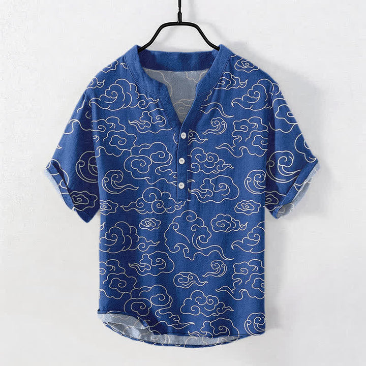 Buddha Stones Camisa de manga corta con medio botón y estampado de nubes de algodón para hombre - Azul real - US/UK/AU50, EU60 (5XL) - image 0