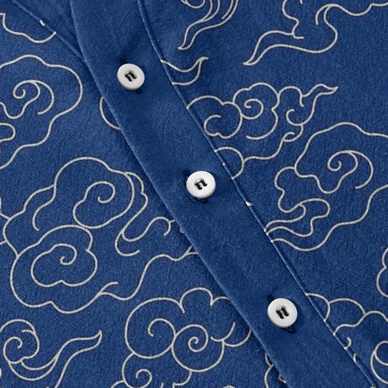 Buddha Stones Camisa de manga corta con medio botón y estampado de nubes de algodón para hombre - image 3