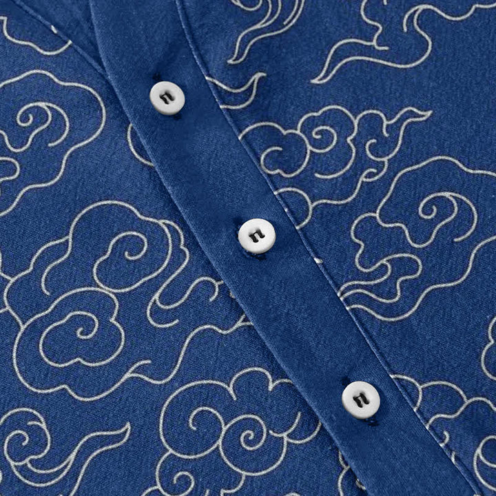 Buddha Stones Camisa de manga corta con medio botón y estampado de nubes de algodón para hombre - image 3