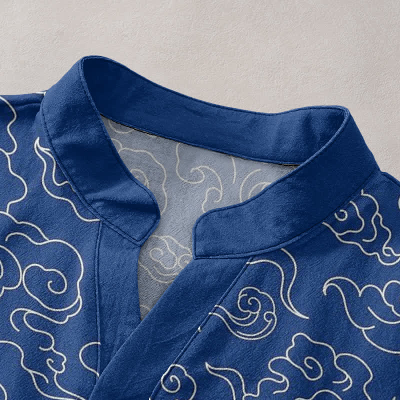 Buddha Stones Camisa de manga corta con medio botón y estampado de nubes de algodón para hombre - image 2