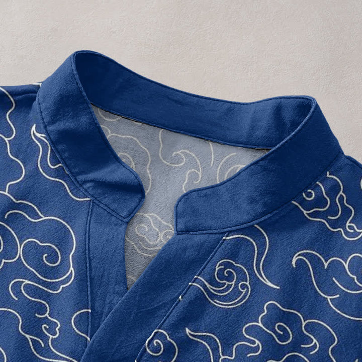Buddha Stones Camisa de manga corta con medio botón y estampado de nubes de algodón para hombre - image 2