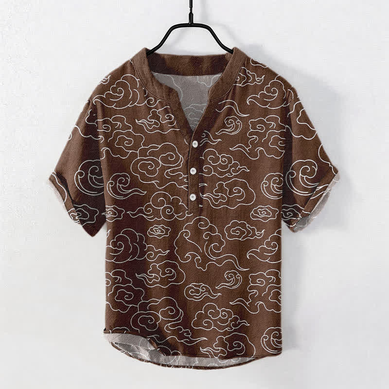 Buddha Stones Camisa de manga corta con medio botón y estampado de nubes de algodón para hombre - Marrón silla de montar - US/UK/AU50, EU60 (5XL) - image 7