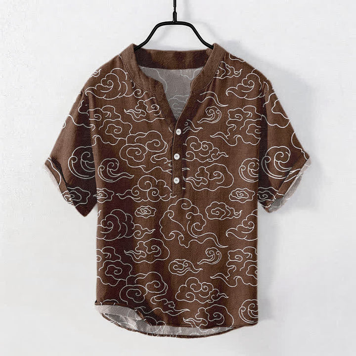 Buddha Stones Camisa de manga corta con medio botón y estampado de nubes de algodón para hombre - Marrón silla de montar - US/UK/AU50, EU60 (5XL) - image 7