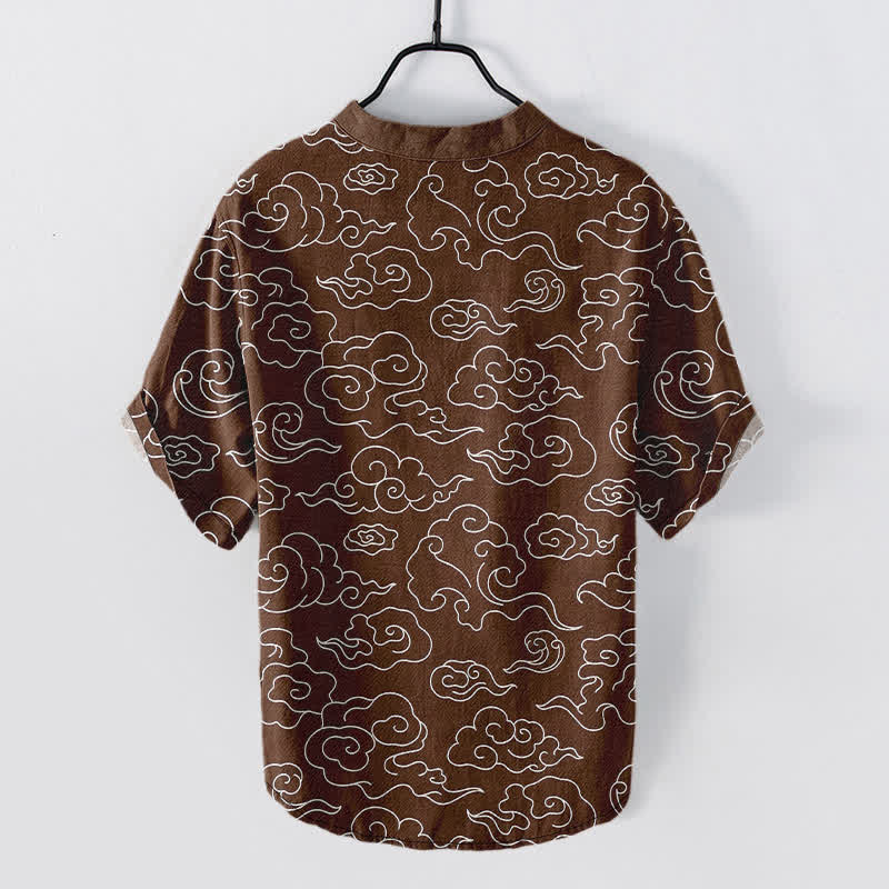 Buddha Stones Camisa de manga corta con medio botón y estampado de nubes de algodón para hombre - image 8