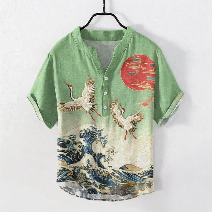 Buddha Stones Camisa de manga corta con medio botón para hombre, de algodón, con estampado de grullas, olas y sol. - image 5