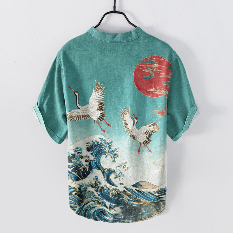 Buddha Stones Camisa de manga corta con medio botón para hombre, de algodón, con estampado de grullas, olas y sol. - image 8