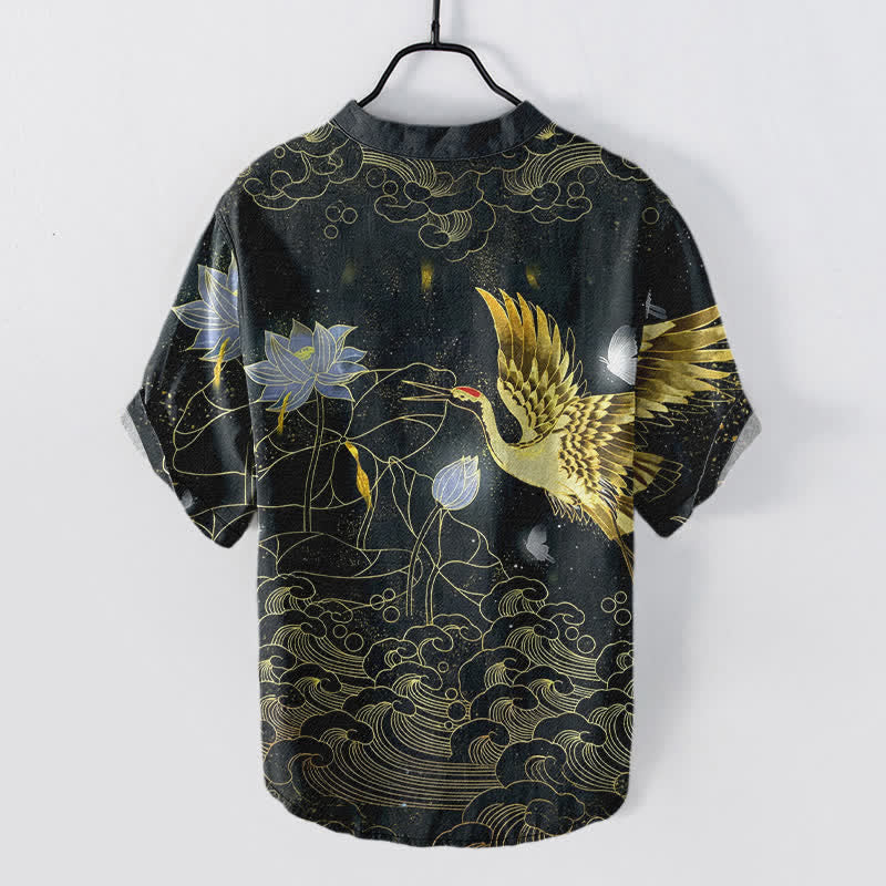 Buddha Stones Camisa de manga corta con medio botón para hombre, de algodón, con estampado de grullas, olas y nubes de loto. - image 1