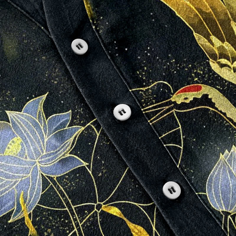 Buddha Stones Camisa de manga corta con medio botón para hombre, de algodón, con estampado de grullas, olas y nubes de loto. - image 3