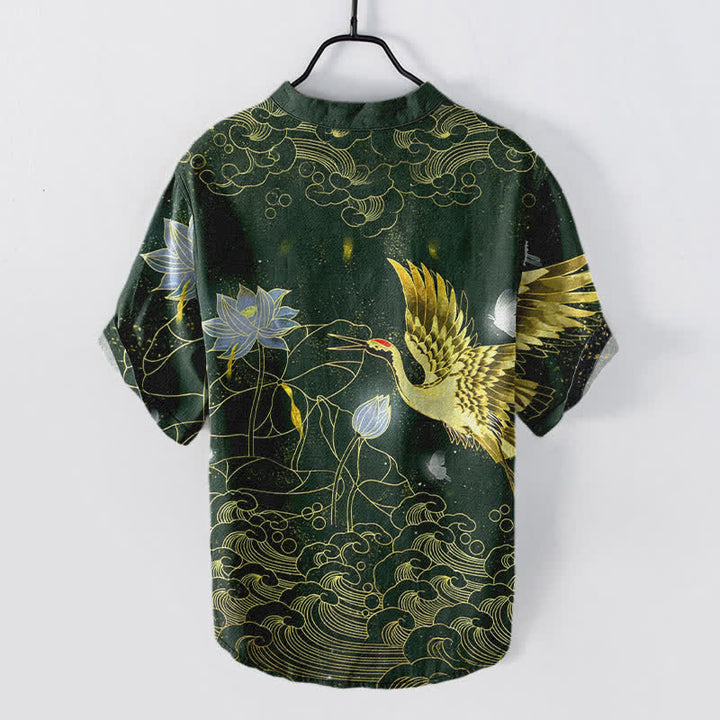 Buddha Stones Camisa de manga corta con medio botón para hombre, de algodón, con estampado de grullas, olas y nubes de loto. - image 6