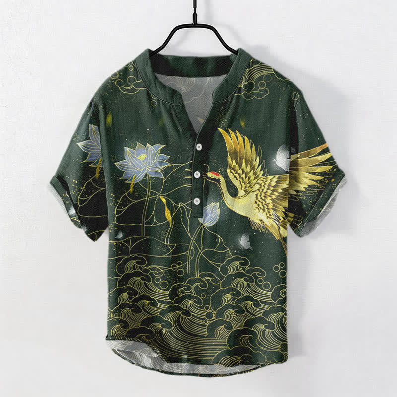 Buddha Stones Camisa de manga corta con medio botón para hombre, de algodón, con estampado de grullas, olas y nubes de loto. - Verde oscuro - US/UK/AU50, EU60 (5XL) - image 5