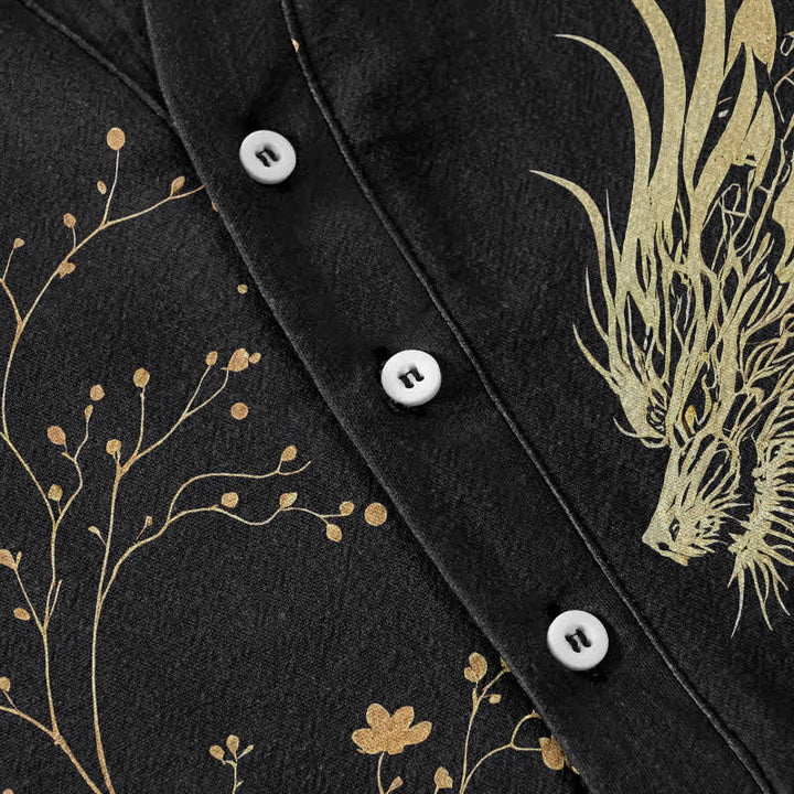 Buddha Stones Camisa de manga corta con medio botón para hombre con estampado de flores y dragones de Cotton Wave - image 3