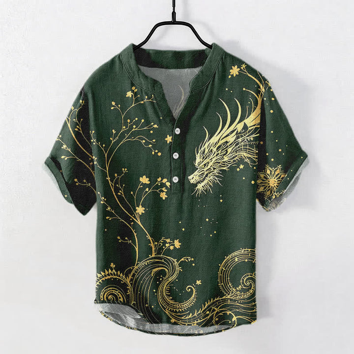 Buddha Stones Camisa de manga corta con medio botón para hombre con estampado de flores y dragones de Cotton Wave - Verdemar - US/UK/AU50, EU60 (5XL) - image 5