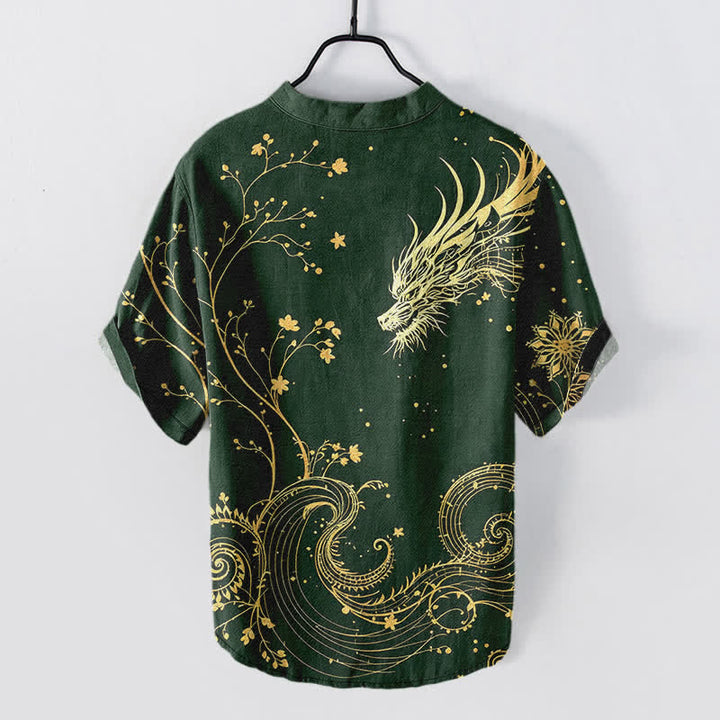 Buddha Stones Camisa de manga corta con medio botón para hombre con estampado de flores y dragones de Cotton Wave - image 6