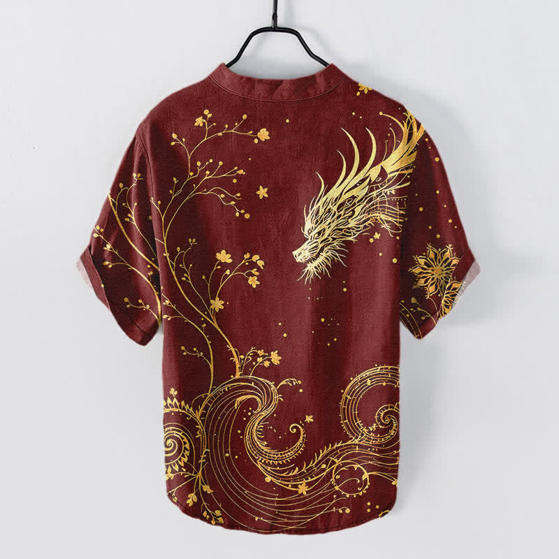 Buddha Stones Camisa de manga corta con medio botón para hombre con estampado de flores y dragones de Cotton Wave - image 8