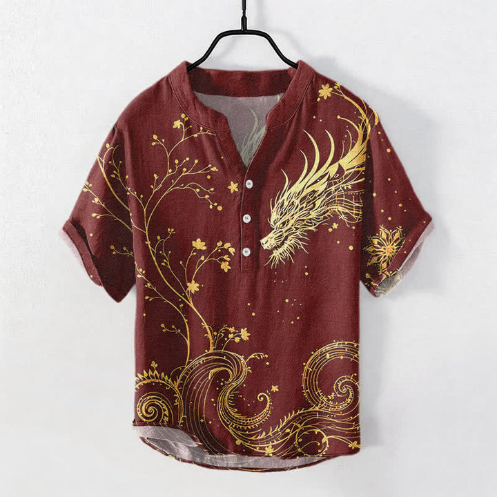 Buddha Stones Camisa de manga corta con medio botón para hombre con estampado de flores y dragones de Cotton Wave - Ladrillo refractario - US/UK/AU50, EU60 (5XL) - image 7