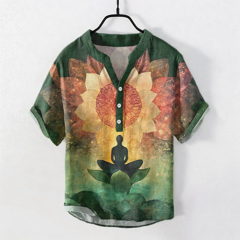 Buddha Stones Camisa de manga corta con medio botón para hombre, con estampado de figura de loto meditando, de algodón. - Verdemar - US/UK/AU50, EU60 (5XL) - image 0