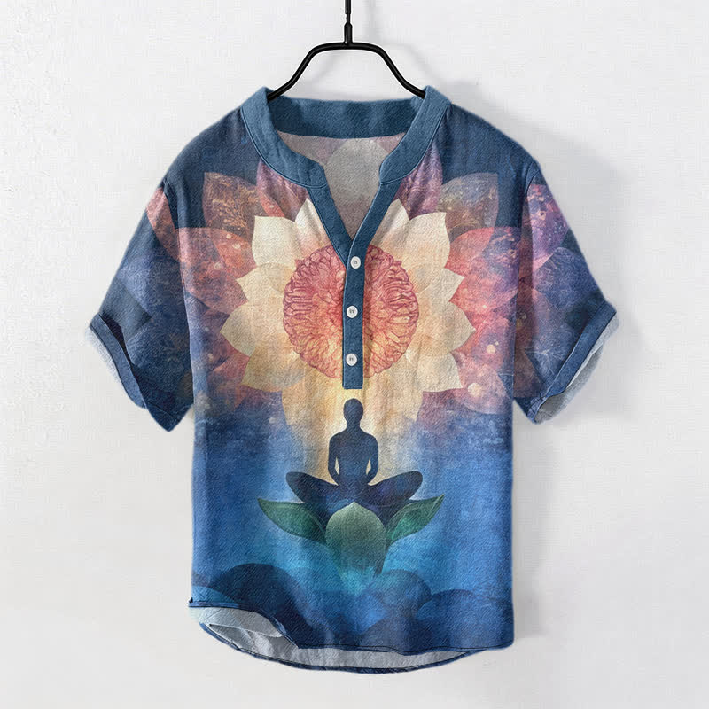 Buddha Stones Camisa de manga corta con medio botón para hombre, con estampado de figura de loto meditando, de algodón. - Azul acero - US/UK/AU38, UE48 (M) - image 5