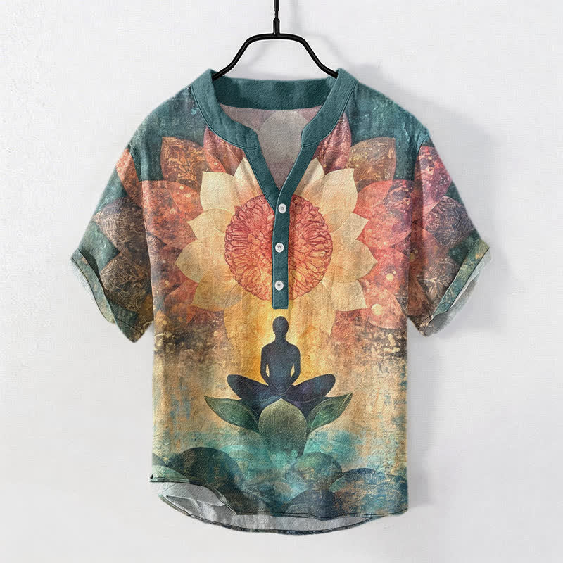 Buddha Stones Camisa de manga corta con medio botón para hombre, con estampado de figura de loto meditando, de algodón. - Verde mar claro - US/UK/AU50, EU60 (5XL) - image 7