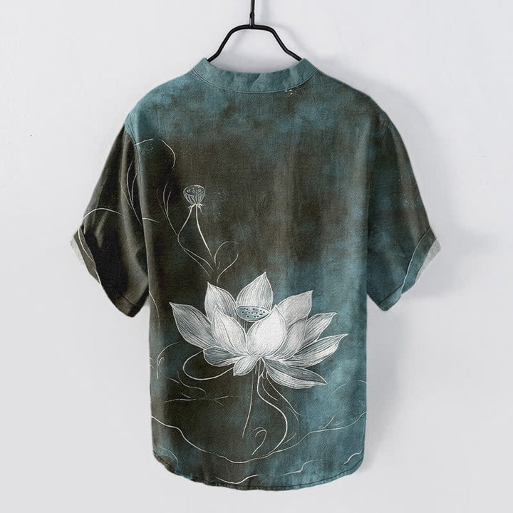 Buddha Stones Camisa de manga corta con medio botón y estampado de loto de algodón para hombre - image 6