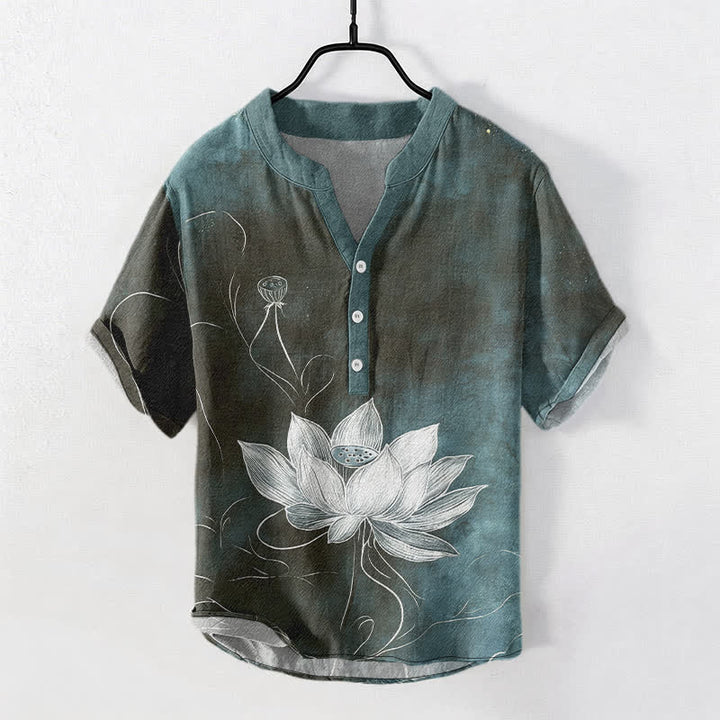 Buddha Stones Camisa de manga corta con medio botón y estampado de loto de algodón para hombre - Verde mar claro - US/UK/AU50, EU60 (5XL) - image 5