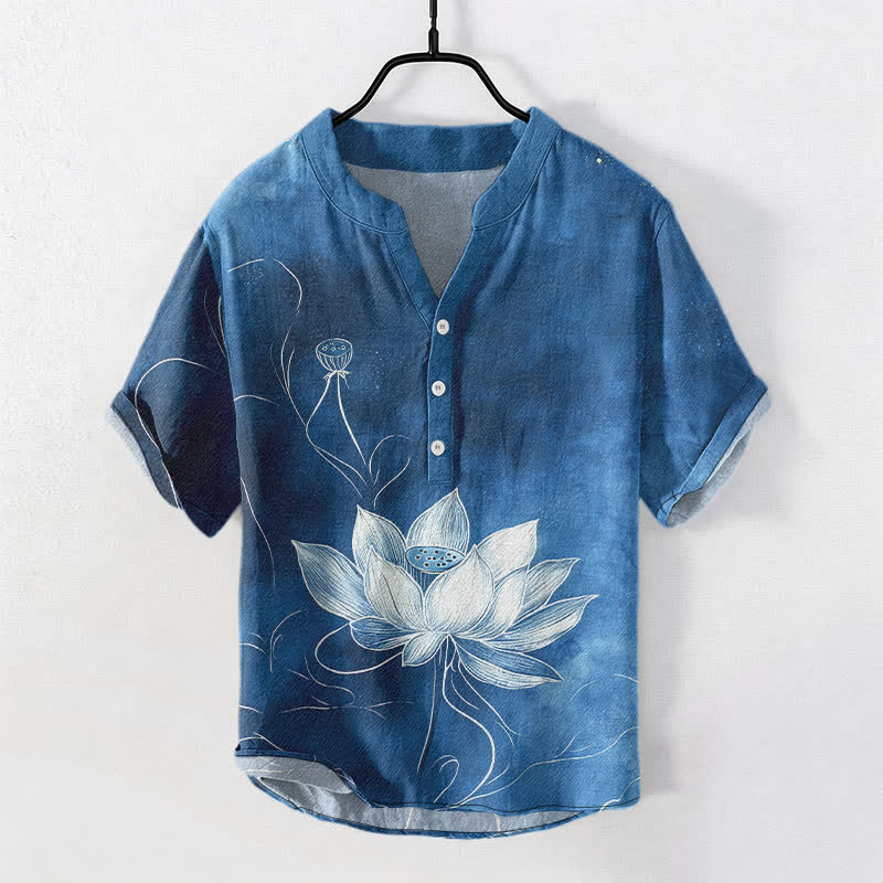 Buddha Stones Camisa de manga corta con medio botón y estampado de loto de algodón para hombre - Azul acero - US/UK/AU50, EU60 (5XL) - image 7