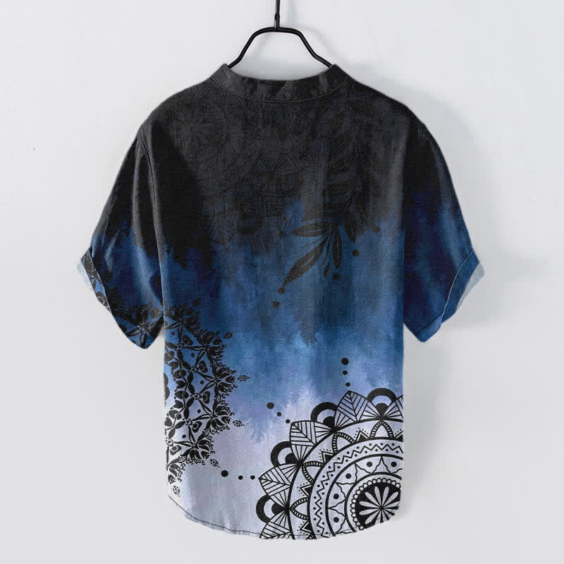 Buddha Stones Camisa de manga corta con medio botón y estampado de mandala de algodón para hombre - image 1