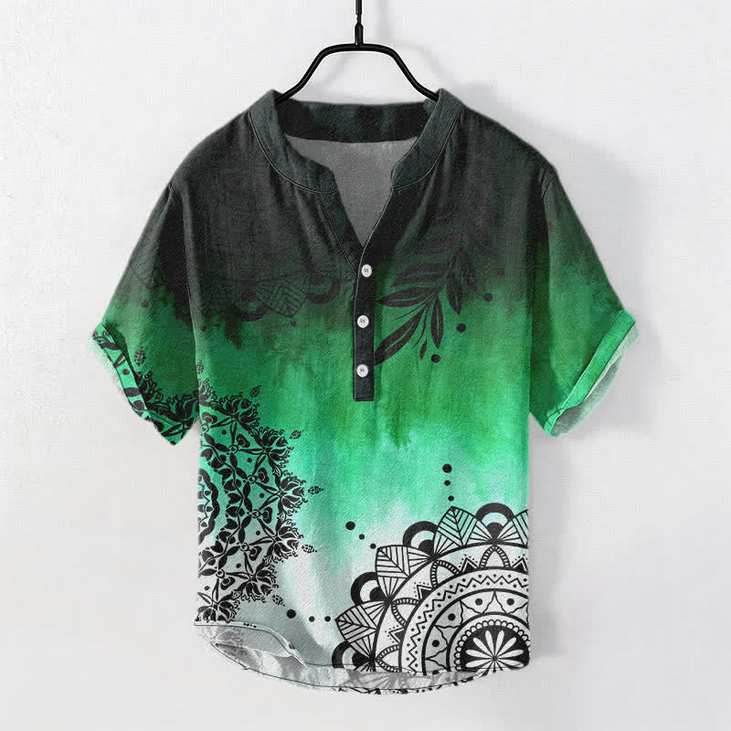 Buddha Stones Camisa de manga corta con medio botón y estampado de mandala de algodón para hombre - Verde mar medio - US/UK/AU50, EU60 (5XL) - image 5