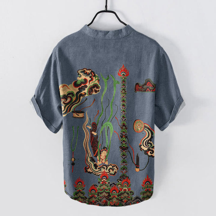 Buddha Stones Camisa de manga corta con medio botón para hombre, de algodón, con estampado de nubes y mural. - image 6