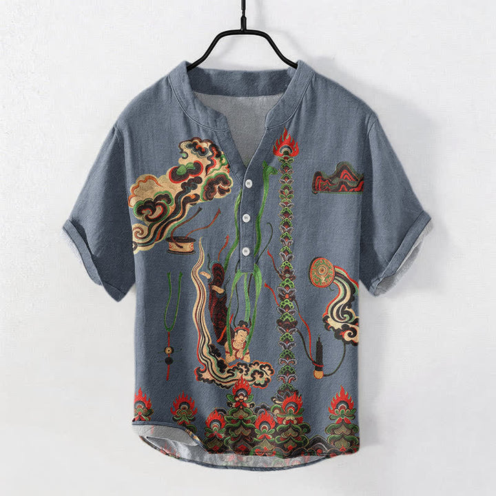 Buddha Stones Camisa de manga corta con medio botón para hombre, de algodón, con estampado de nubes y mural. - image 5