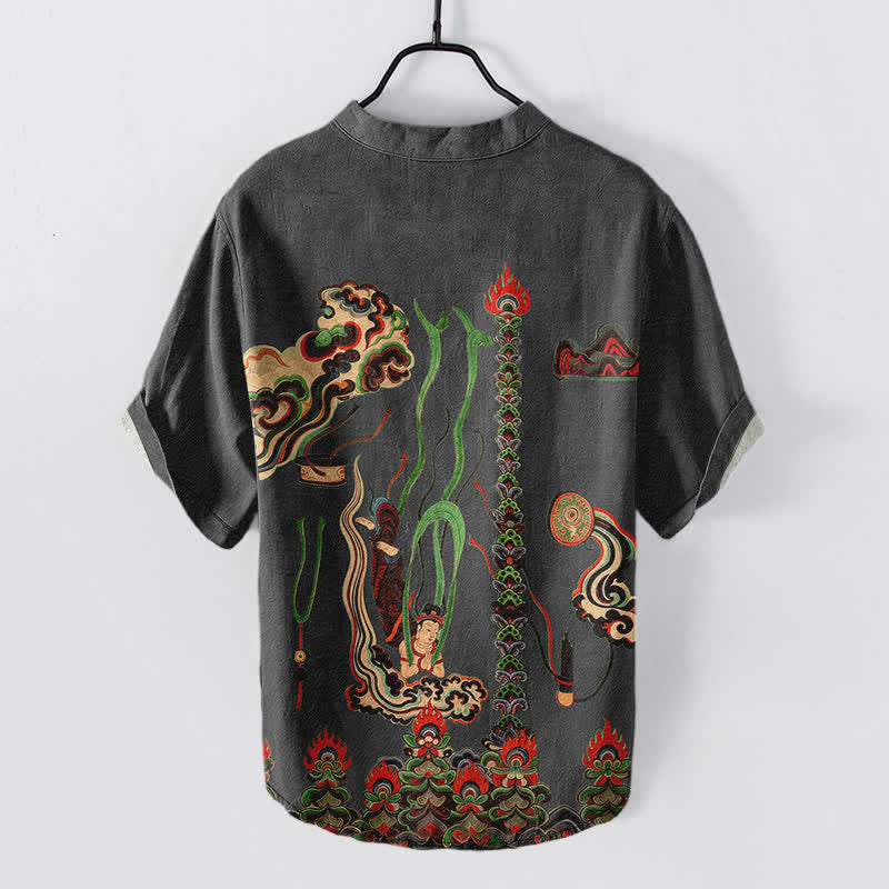 Buddha Stones Camisa de manga corta con medio botón para hombre, de algodón, con estampado de nubes y mural. - image 8
