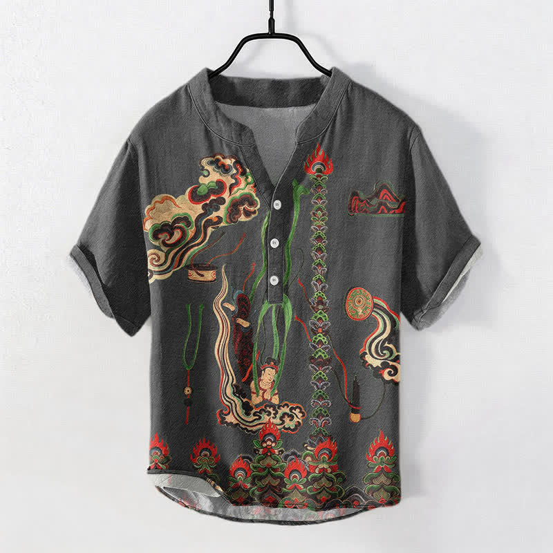 Buddha Stones Camisa de manga corta con medio botón para hombre, de algodón, con estampado de nubes y mural. - image 7