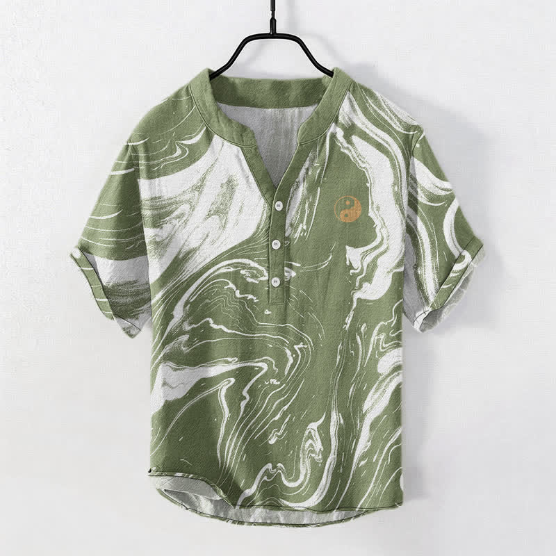 Buddha Stones Camisa de manga corta con medio botón y estampado de Tai Chi para hombre, de algodón. - Verde mar oscuro - US/UK/AU50, EU60 (5XL) - image 7