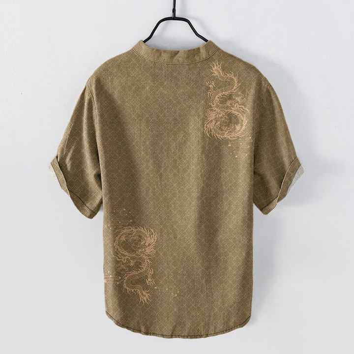 Buddha Stones Camisa de manga corta con medio botón para hombre Cotton Dragon - image 6
