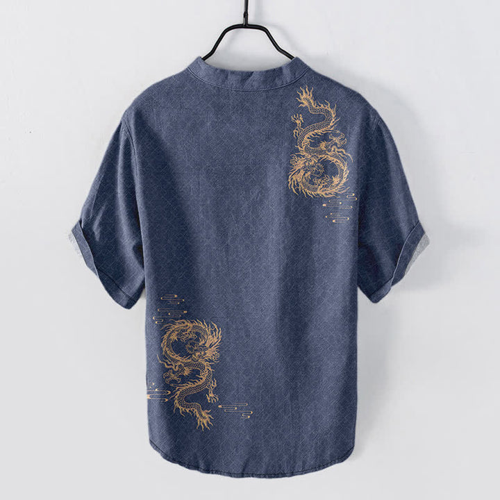 Buddha Stones Camisa de manga corta con medio botón para hombre Cotton Dragon - image 8