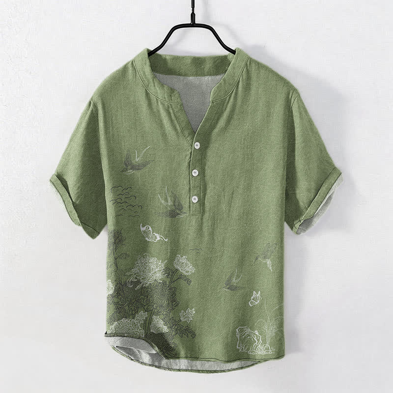 Buddha Stones Camisa de manga corta para hombre con estampado de mariposa loto golondrina. - image 5