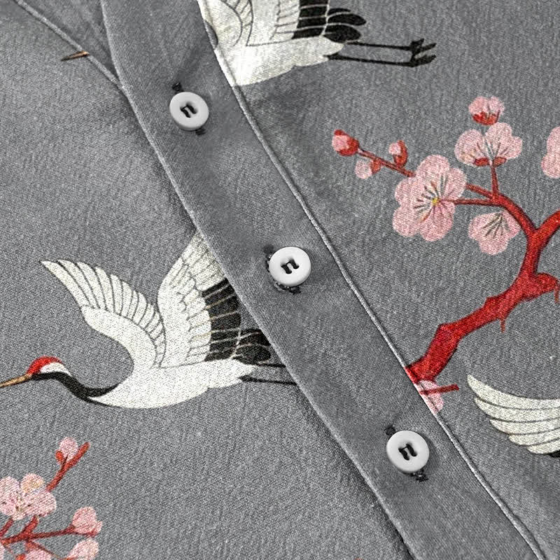 Buddha Stones Camisa Henley de manga corta para hombre con estampado de flores de ciruelo de Crane - image 3