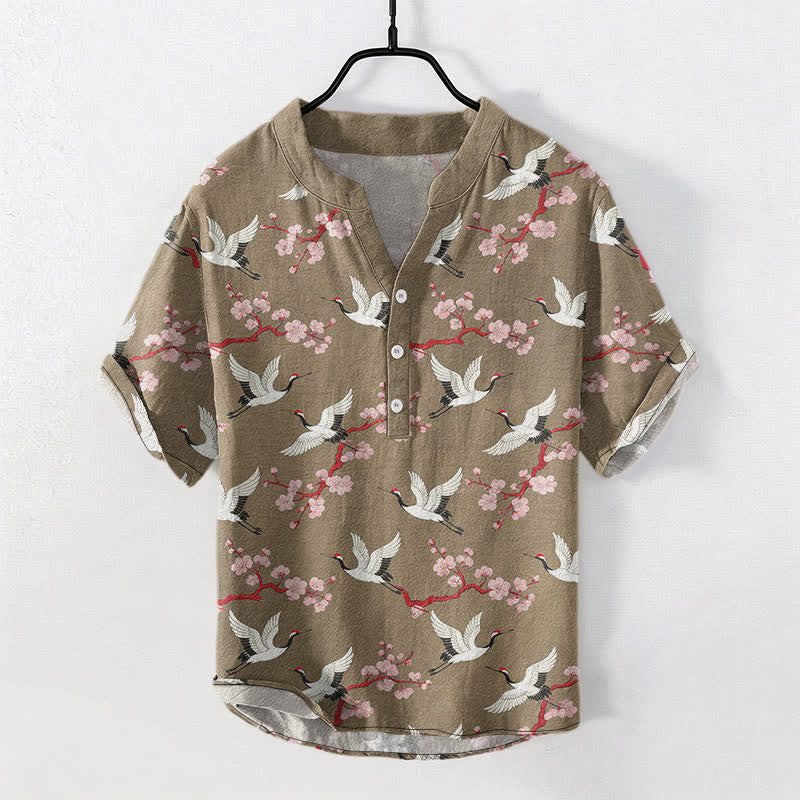 Buddha Stones Camisa Henley de manga corta para hombre con estampado de flores de ciruelo de Crane - Broncearse - US/UK/AU50, EU60 (5XL) - image 5