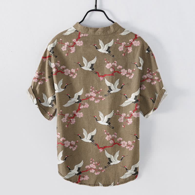 Buddha Stones Camisa Henley de manga corta para hombre con estampado de flores de ciruelo de Crane - image 6
