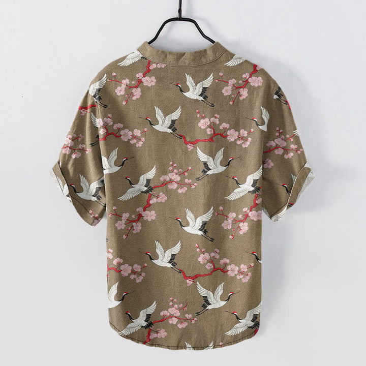 Buddha Stones Camisa Henley de manga corta para hombre con estampado de flores de ciruelo de Crane - image 6